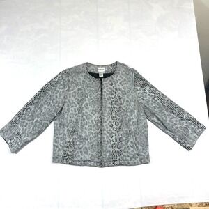 Chico's Jacket Womens 2 Gray Black Animal Print Metallic Long Sleeve Full Zip
